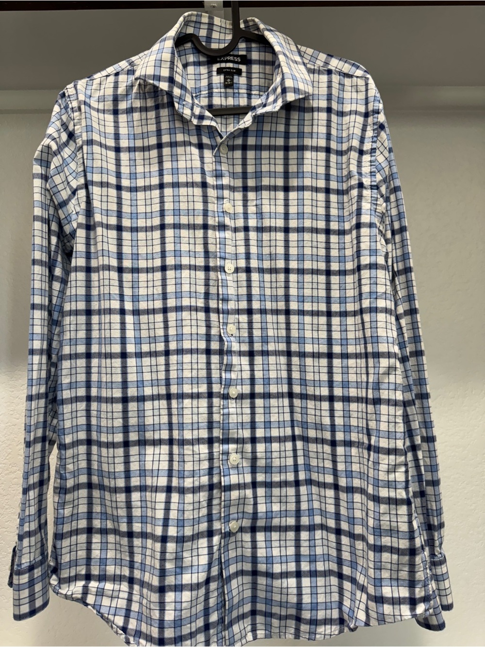 Express Men's Blue Plaid Button-Down Shirt Extra Slim, Medium